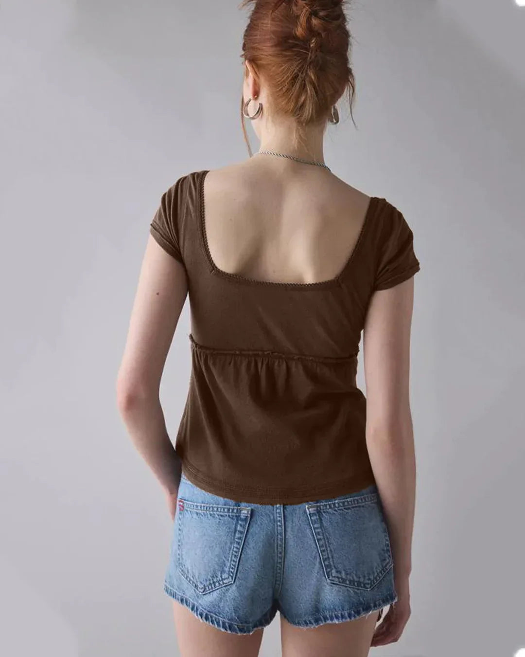 Button Front Square Neck Short Sleeve Top in Brown