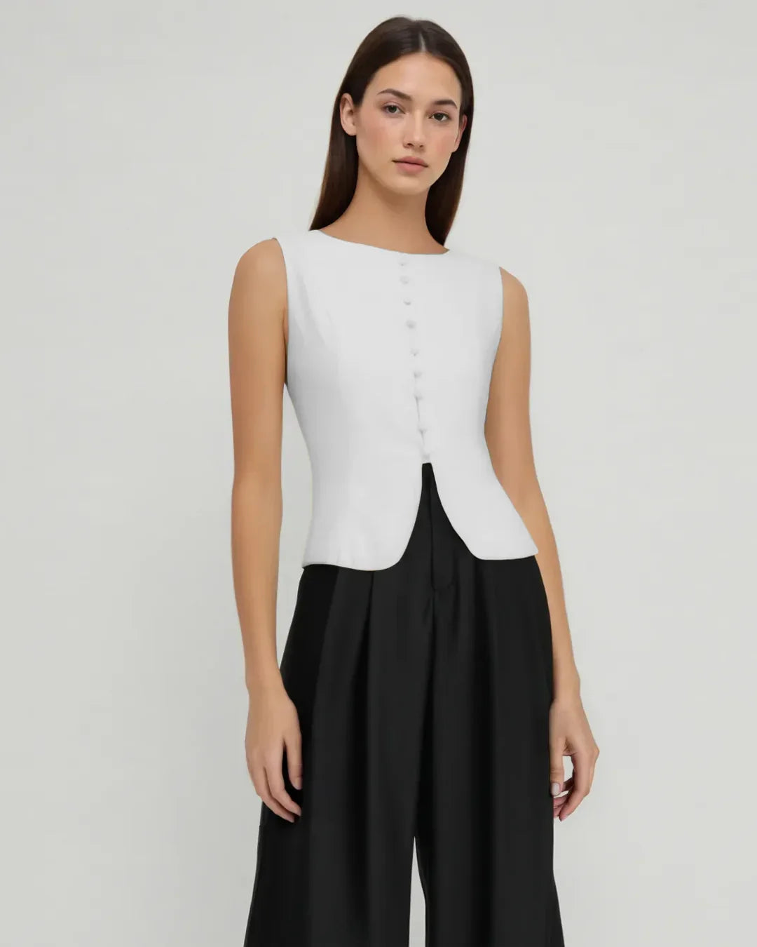 Button Front Tailored Sleeveless Top in White