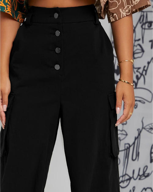 Button Me Up Flap Pocket Fly Black Cargo Pants