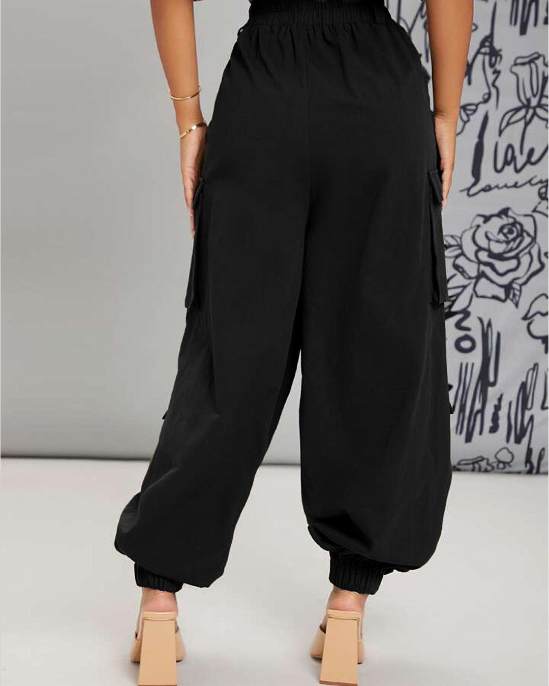 Button Me Up Flap Pocket Fly Black Cargo Pants
