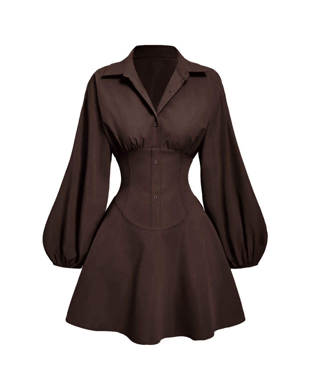 Button Up Fitted Puffed Long Sleeve Coco Brown Shirt Dress