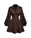 Button Up Fitted Puffed Long Sleeve Coco Brown Shirt Dress