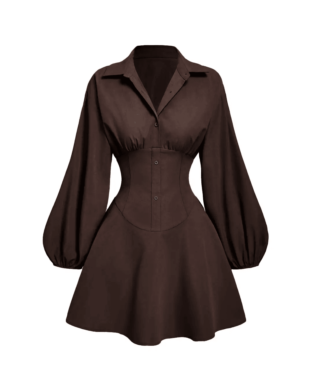 Button Up Fitted Puffed Long Sleeve Coco Brown Shirt Dress