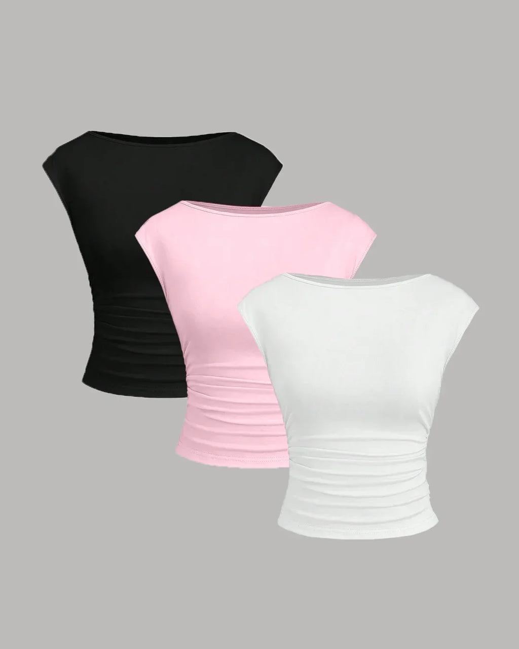 Cap Sleeve Boat Neck Ruched Top Set in Black, Pink and White