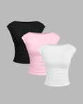 Cap Sleeve Boat Neck Ruched Top Set in Black, Pink and White