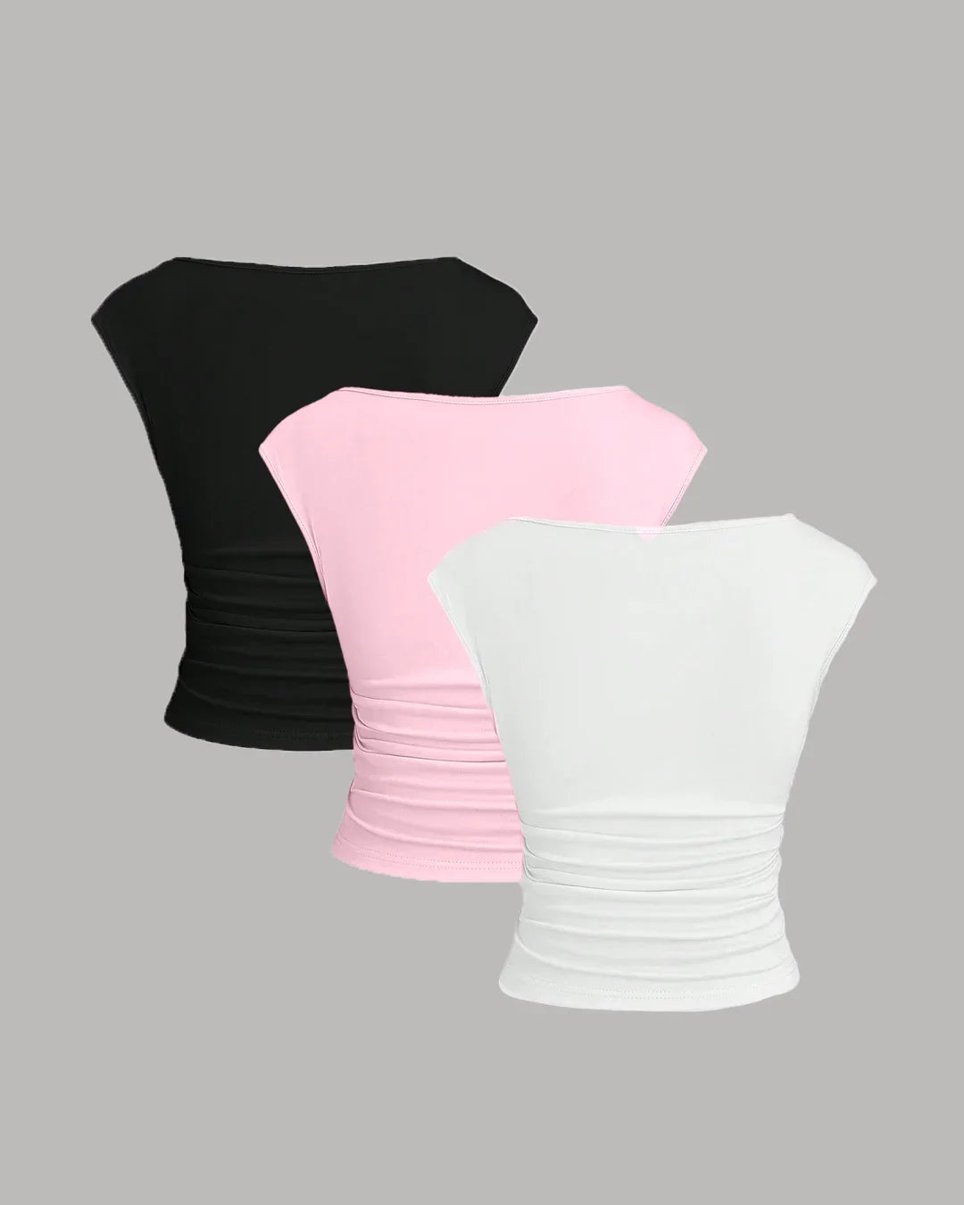 Cap Sleeve Boat Neck Ruched Top Set in Black, Pink and White