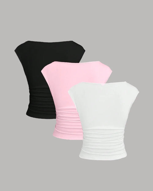 Cap Sleeve Boat Neck Ruched Top Set in Black, Pink and White