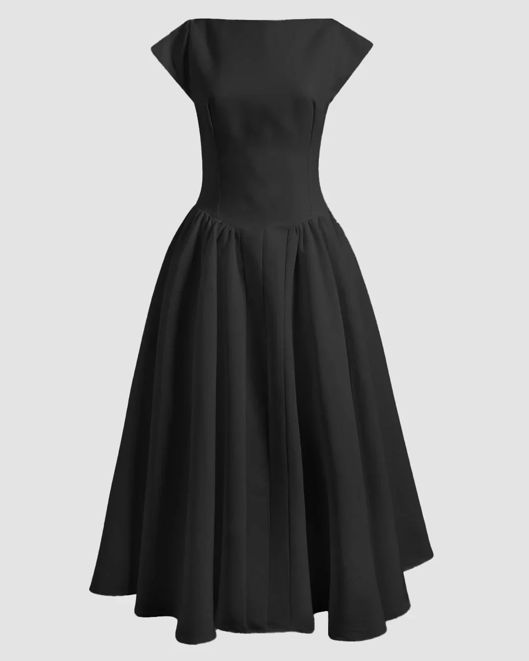 Cap Sleeve Fit & Flare A-Line Midi Dress in Black