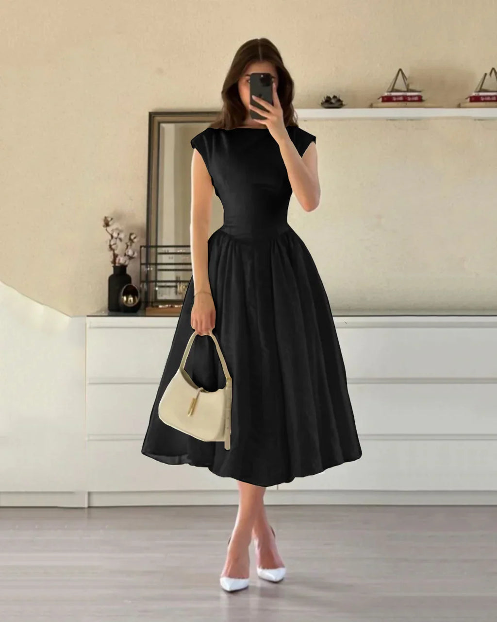Cap Sleeve Fit & Flare A-Line Midi Dress in Black