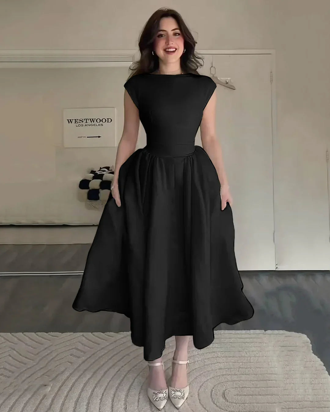 Cap Sleeve Fit & Flare A-Line Midi Dress in Black
