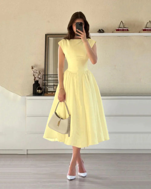 Cap Sleeve Fit & Flare A-Line Midi Dress in Vanilla