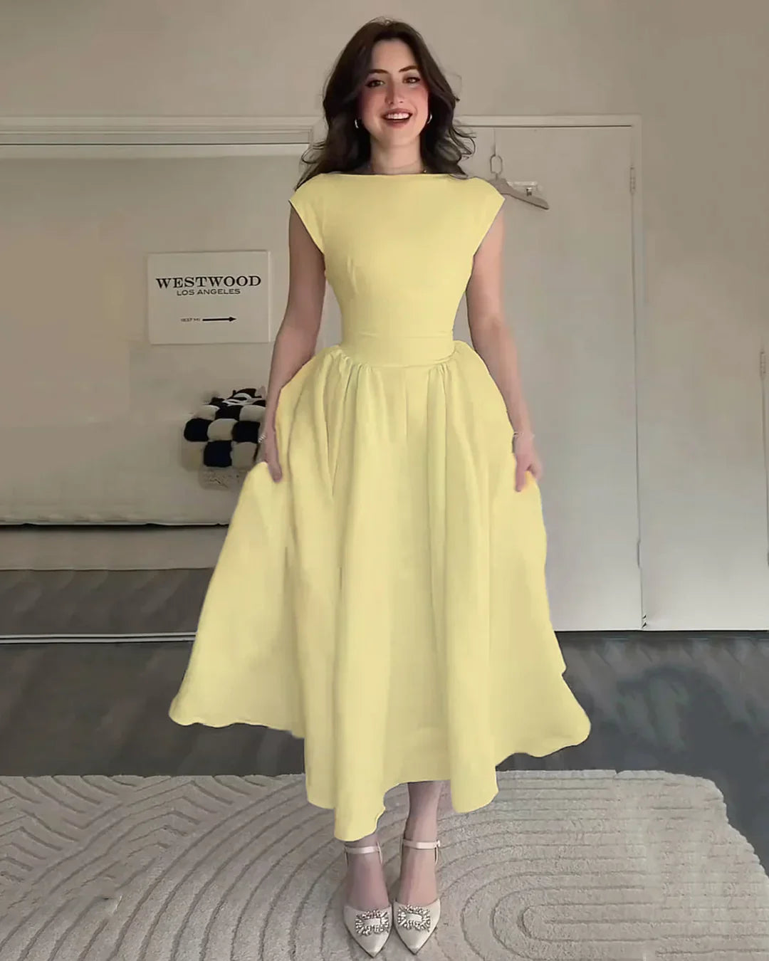 Cap Sleeve Fit & Flare A-Line Midi Dress in Vanilla