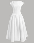 Cap Sleeve Fit & Flare A-Line Midi Dress in White