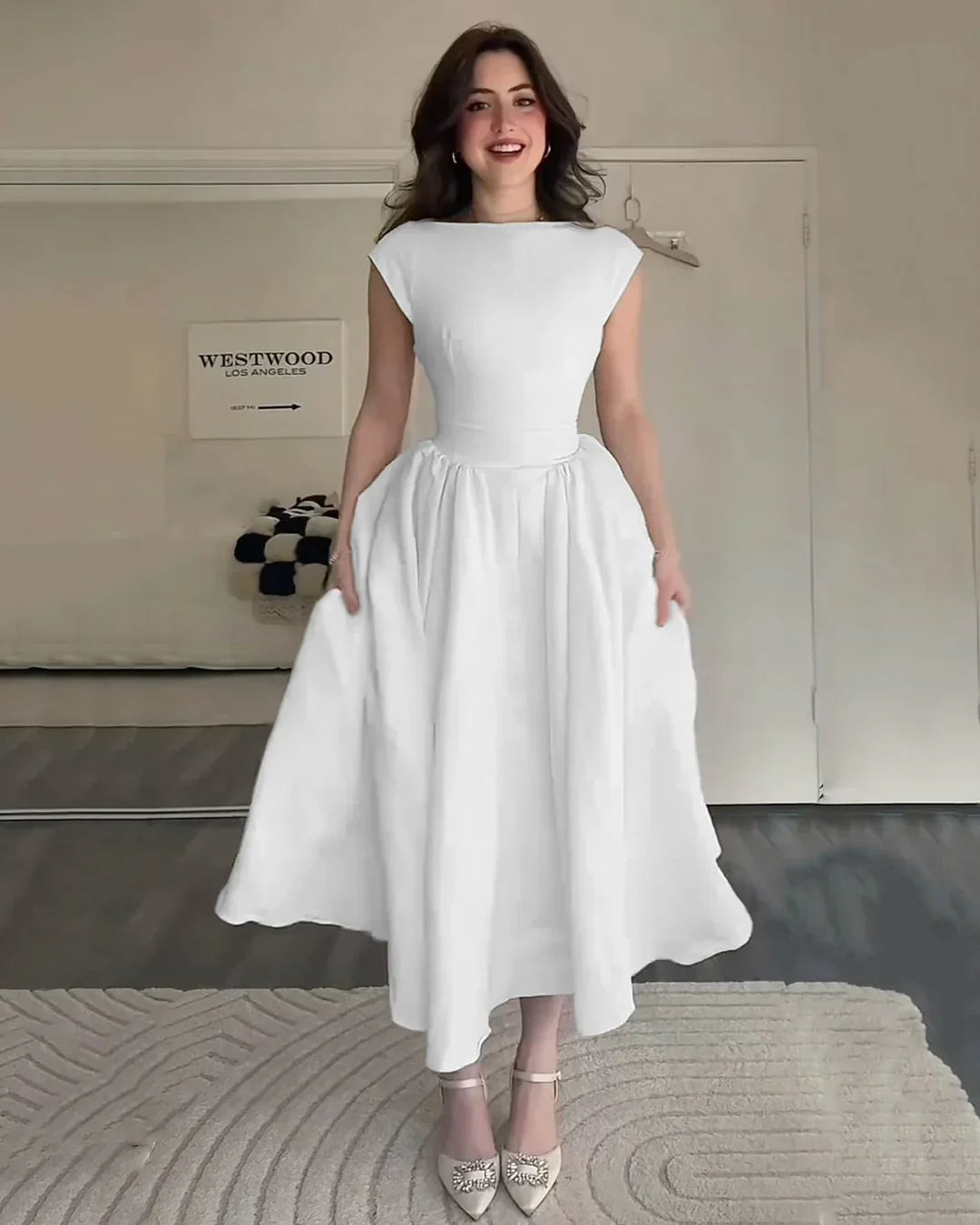 Cap Sleeve Fit & Flare A-Line Midi Dress in White