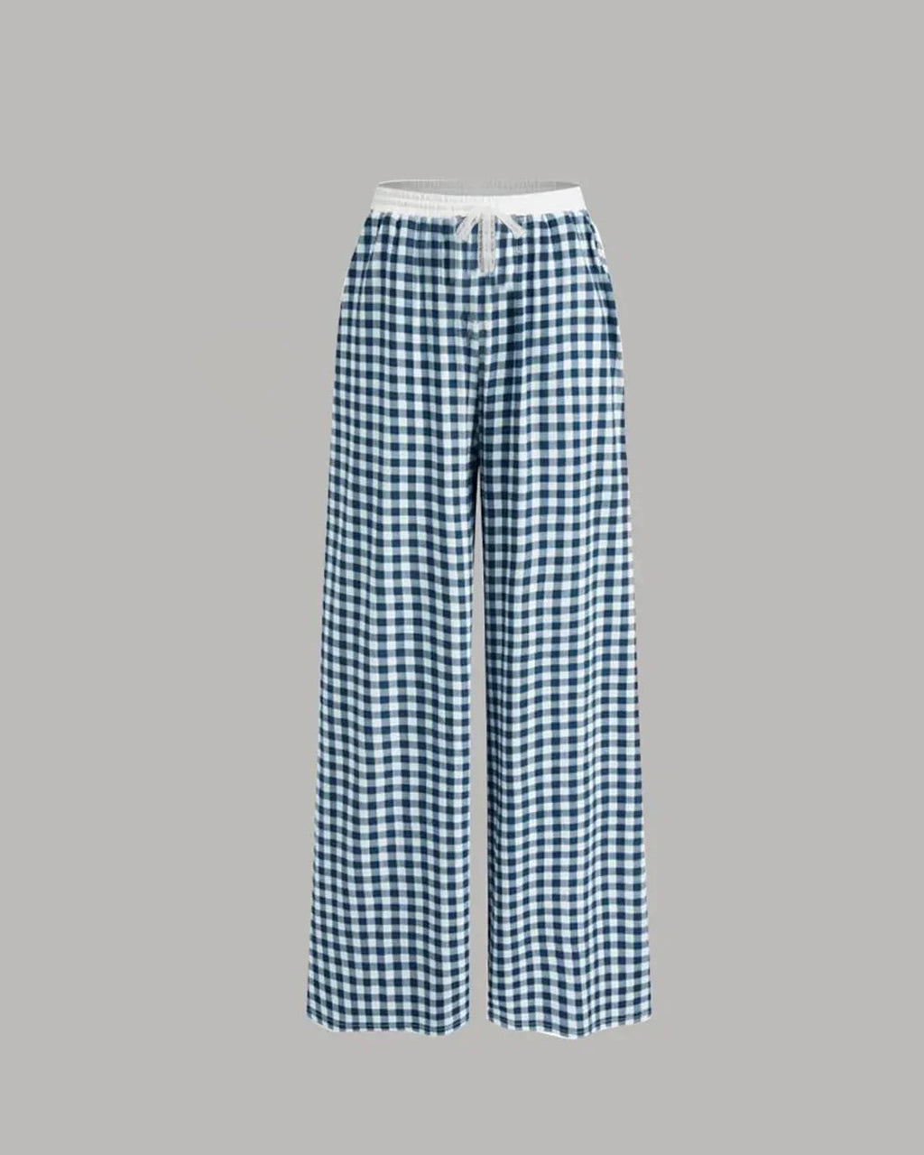White Long Sleeve Top and Blue Checkered Wide Leg Pants Two Piece Set