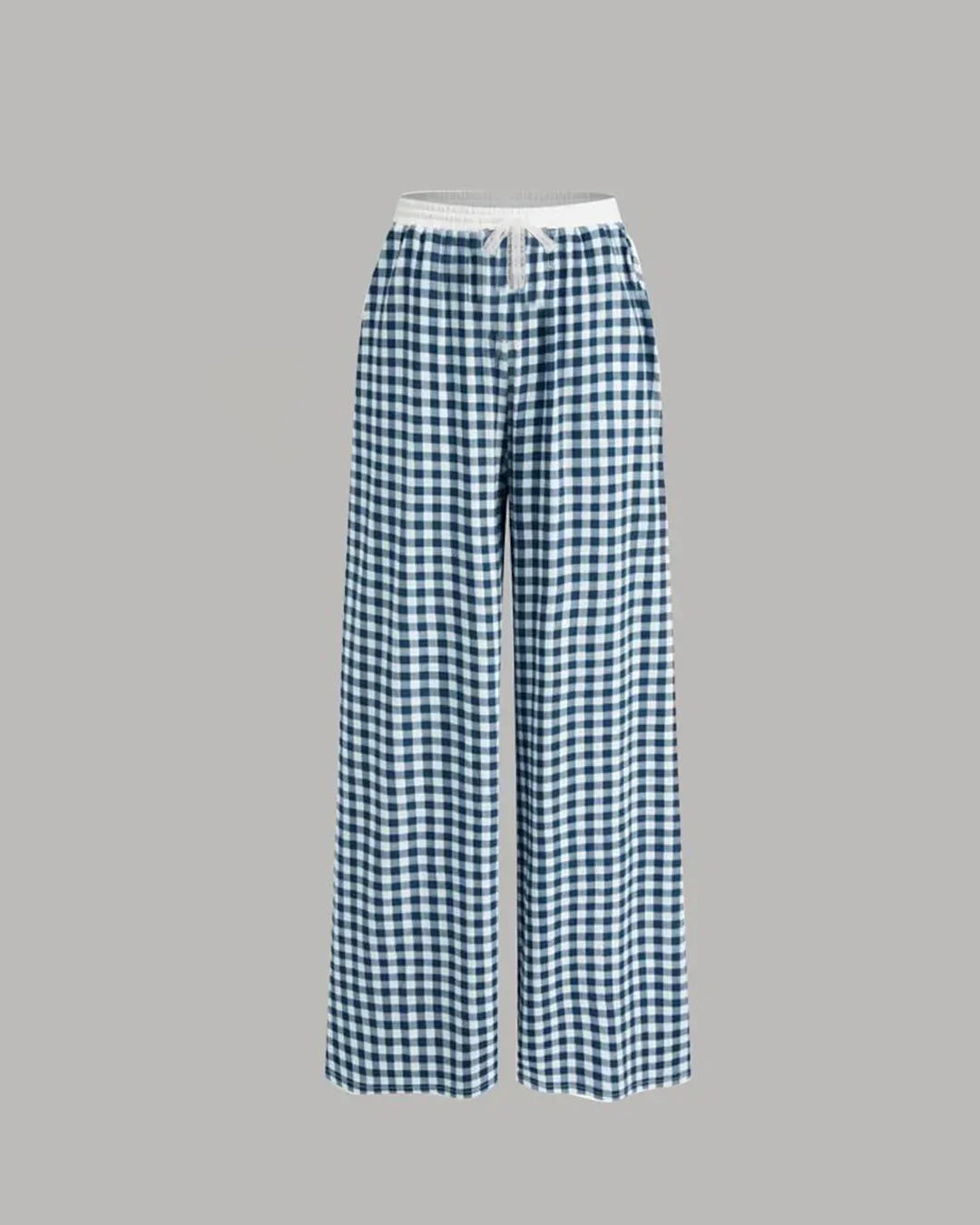 White Long Sleeve Top and Blue Checkered Wide Leg Pants Two Piece Set