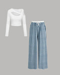 White Long Sleeve Top and Blue Checkered Wide Leg Pants Two Piece Set