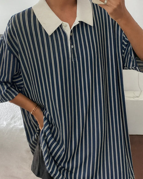 Casual Striped Half Button Polo T-Shirt