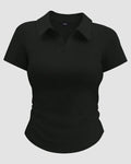 Casual Collared Neck Short Sleeve Plain T Shirt in Black