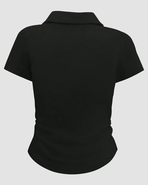 Casual Collared Neck Short Sleeve Plain T Shirt in Black