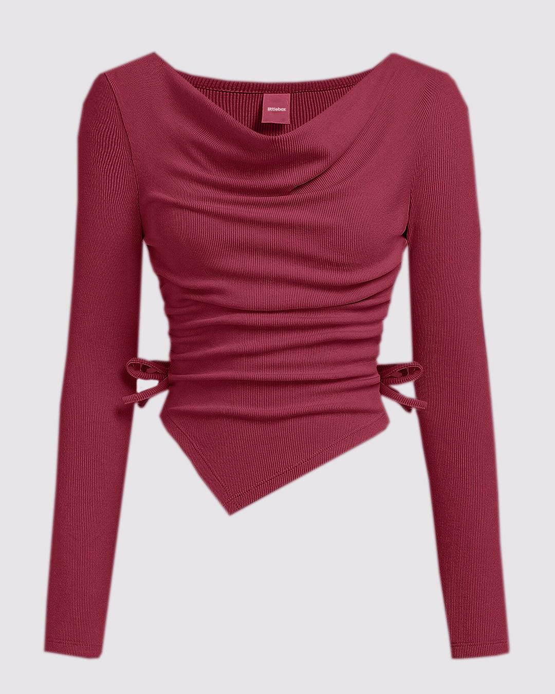 Casual Cowl Neck Ruched Long Sleeve Crop Top in Maroon