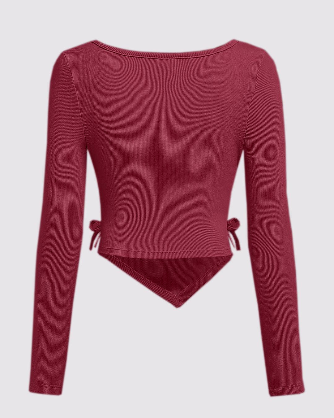 Casual Cowl Neck Ruched Long Sleeve Crop Top in Maroon