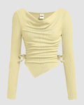 Casual Cowl Neck Ruched Side Tie Full Sleeve Top in Yellow