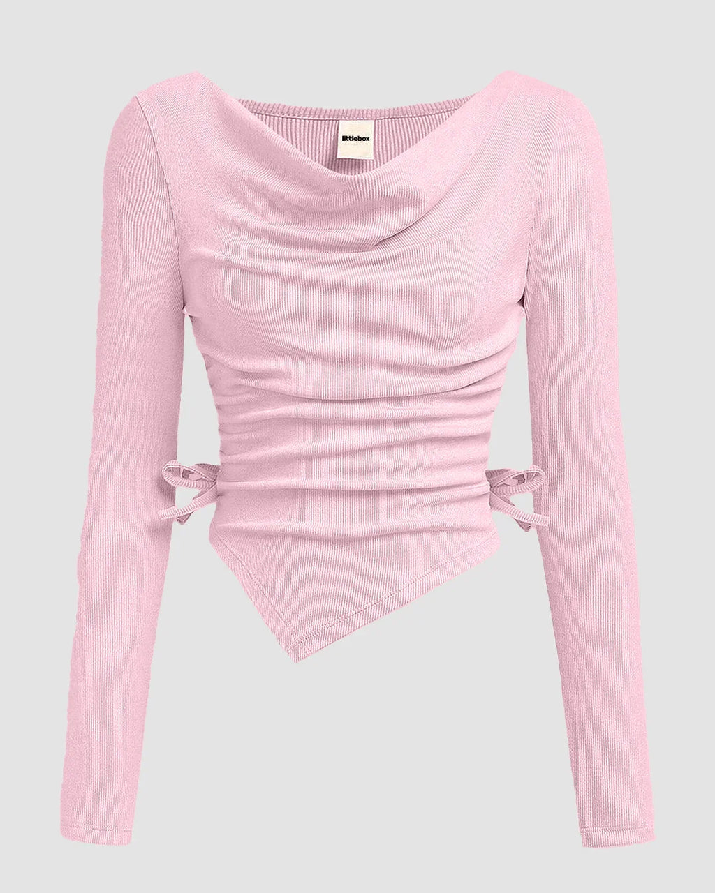 Casual Cowl Neck Ruched Side Tie Long Sleeve Top in Light Pink