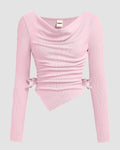 Casual Cowl Neck Ruched Side Tie Long Sleeve Top in Light Pink