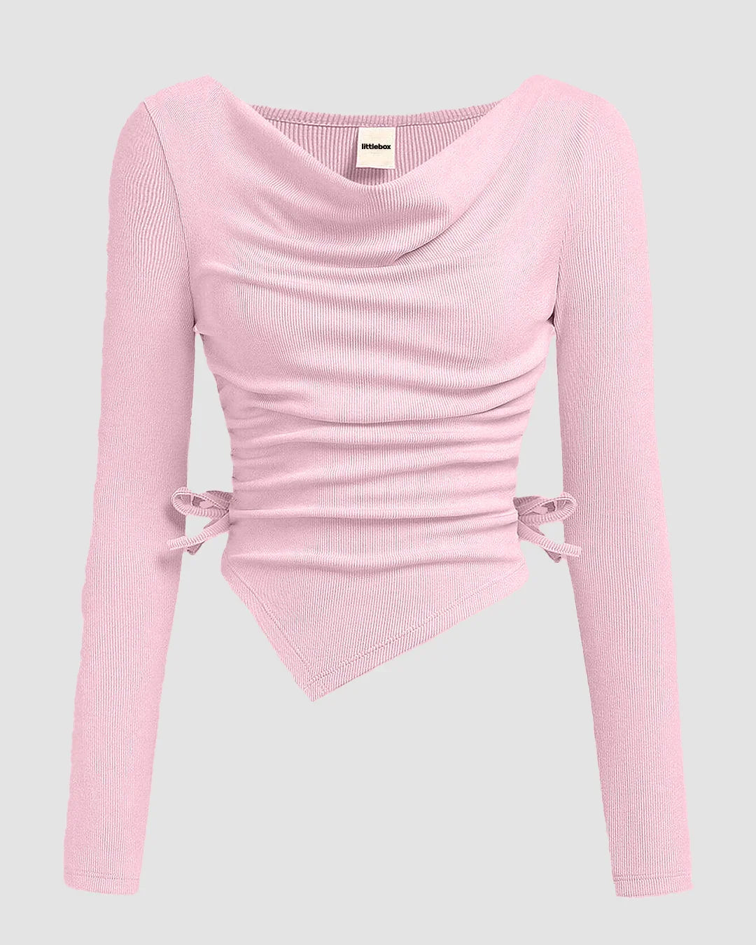 Casual Cowl Neck Ruched Side Tie Long Sleeve Top in Light Pink