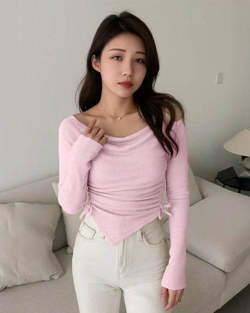 Casual Cowl Neck Ruched Side Tie Long Sleeve Top in Light Pink