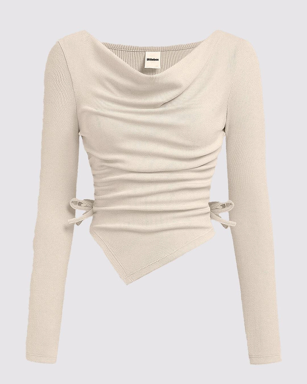 Casual Cowl Neck Ruched Side Tie Long Sleeve Top in White