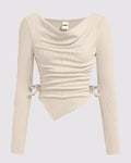 Casual Cowl Neck Ruched Side Tie Long Sleeve Top in White