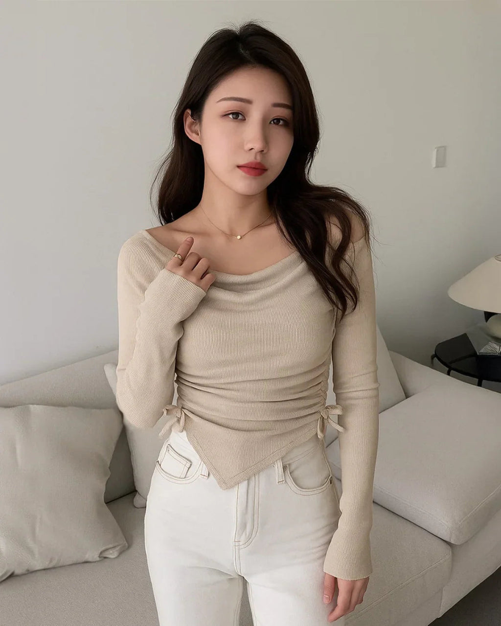 Casual Cowl Neck Ruched Side Tie Long Sleeve Top in White