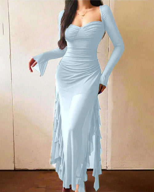 Casual Flared Long Sleeve Mesh Ruffle Hem Dress In Dusty Blue