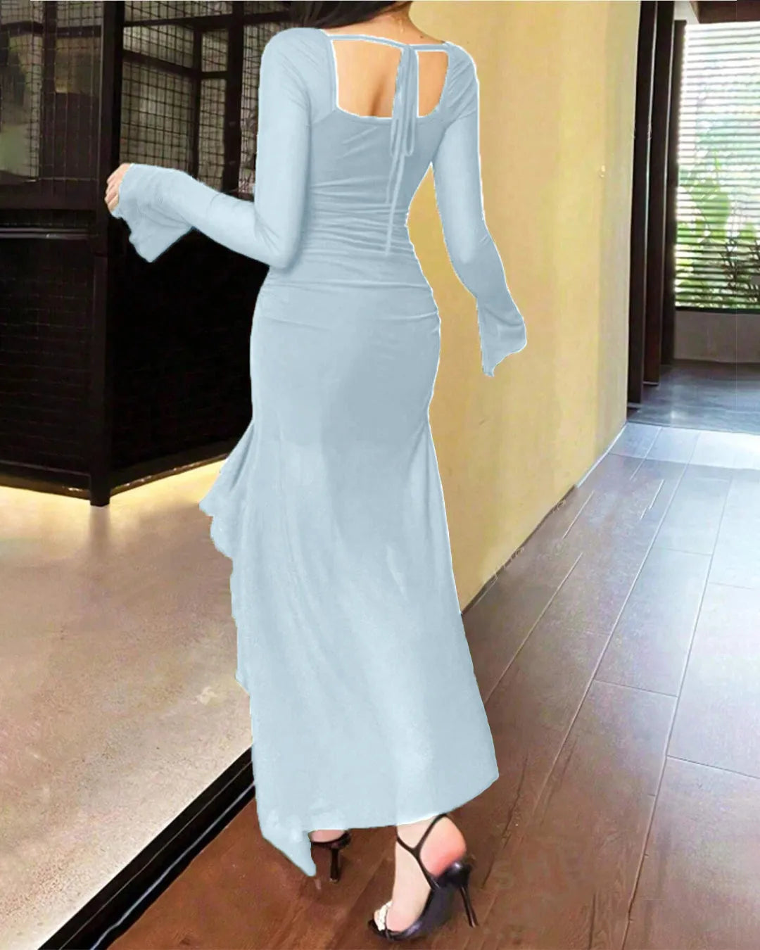 Casual Flared Long Sleeve Mesh Ruffle Hem Dress In Dusty Blue