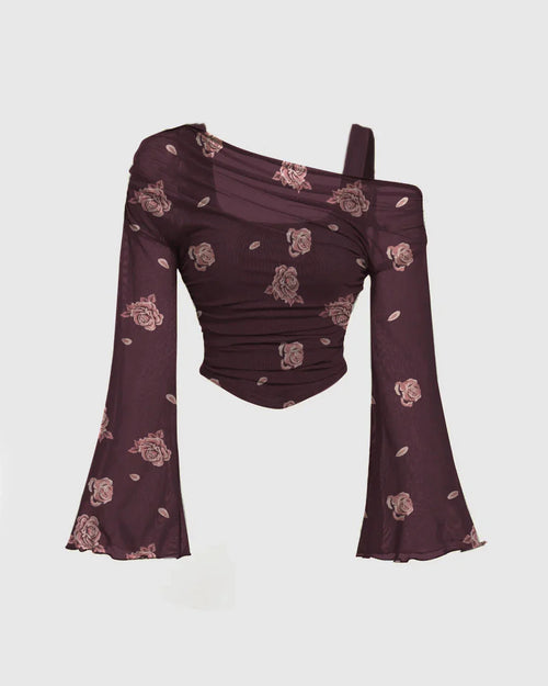 Casual One Shoulder Slim Fit Floral Print Top in Purple