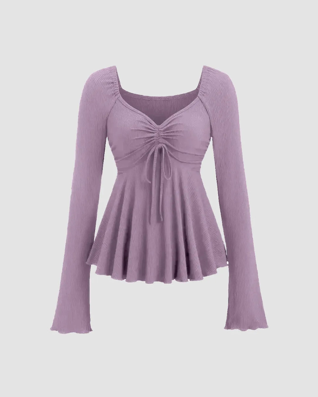 Casual Square Neck Tie-Up Flared Long Sleeve Top in Purple