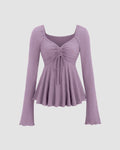 Casual Square Neck Tie-Up Flared Long Sleeve Top in Purple