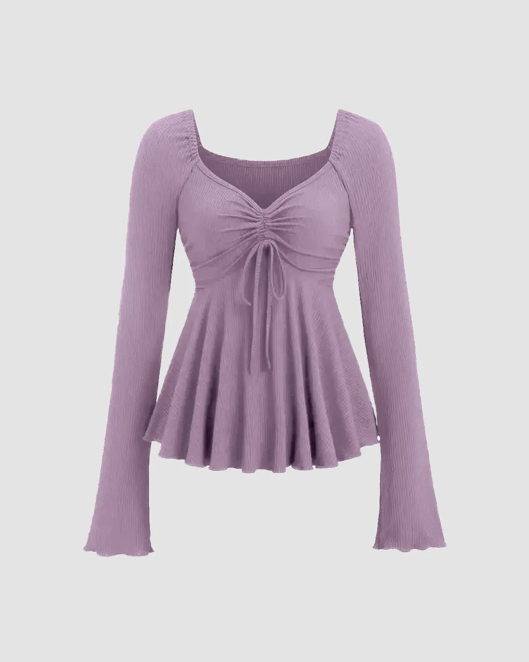 Casual Square Neck Tie-Up Flared Long Sleeve Top in Purple
