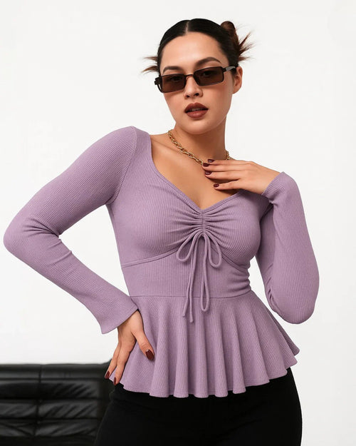 Casual Square Neck Tie-Up Flared Long Sleeve Top in Purple