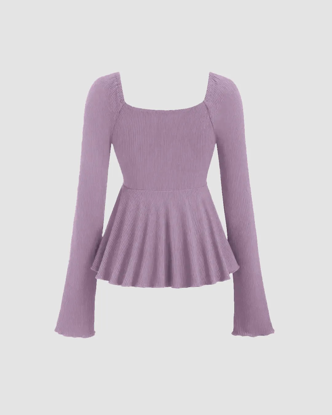 Casual Square Neck Tie-Up Flared Long Sleeve Top in Purple