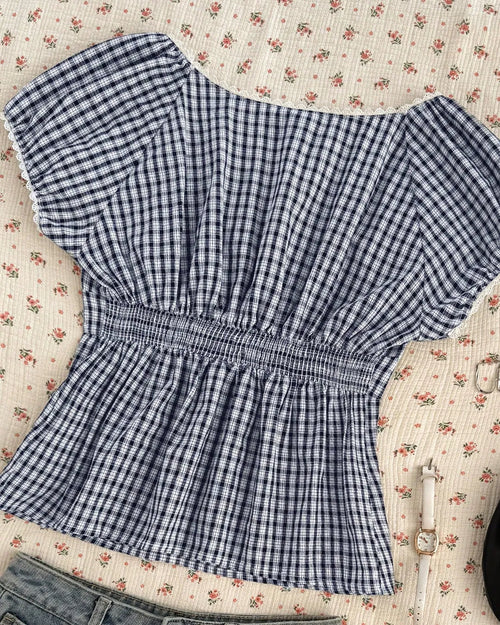 Casual Sweetheart Neck Checkered Top