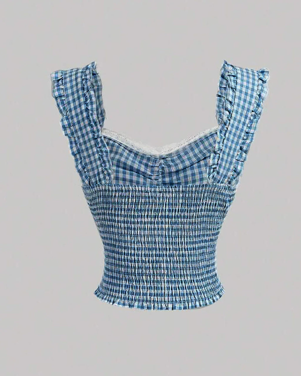 Casual Sweetheart Neck Gingham Sleeveless Crop Top in Blue