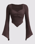 Casual Sweetheart Neck Ruched Flared Long Sleeve Top in Brown