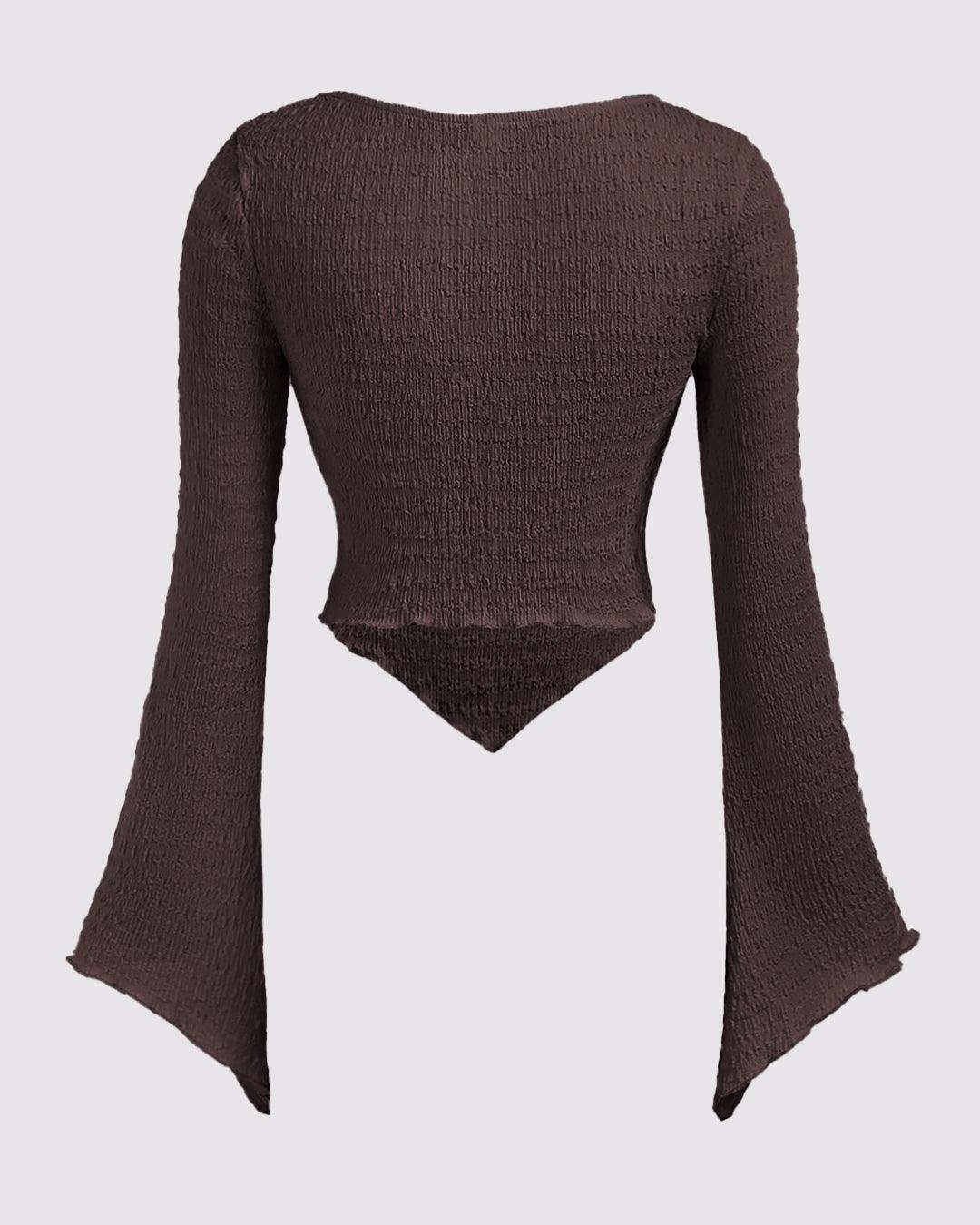 Casual Sweetheart Neck Ruched Flared Long Sleeve Top in Brown