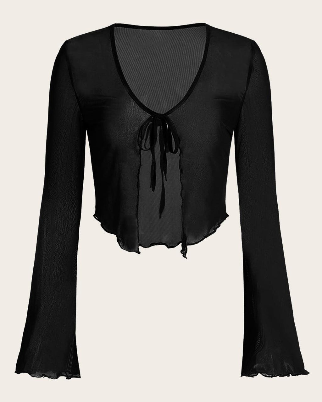 Casual Tie Front Sheer Mesh Long Sleeve Top in Black