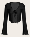 Casual Tie Front Sheer Mesh Long Sleeve Top in Black