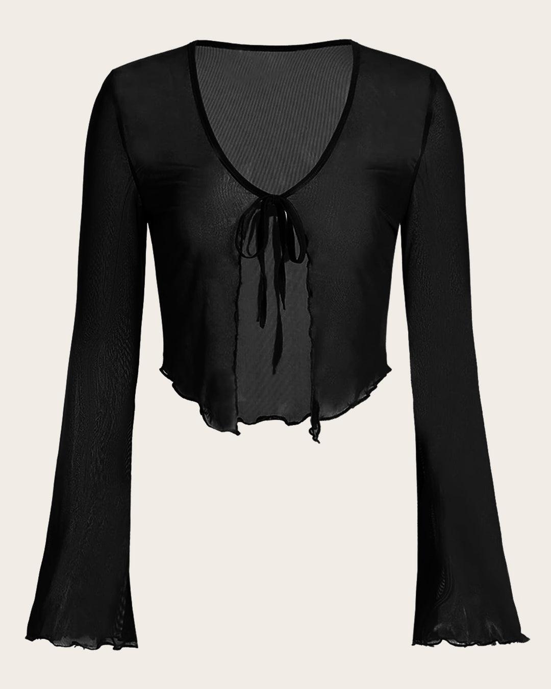 Casual Tie Front Sheer Mesh Long Sleeve Top in Black