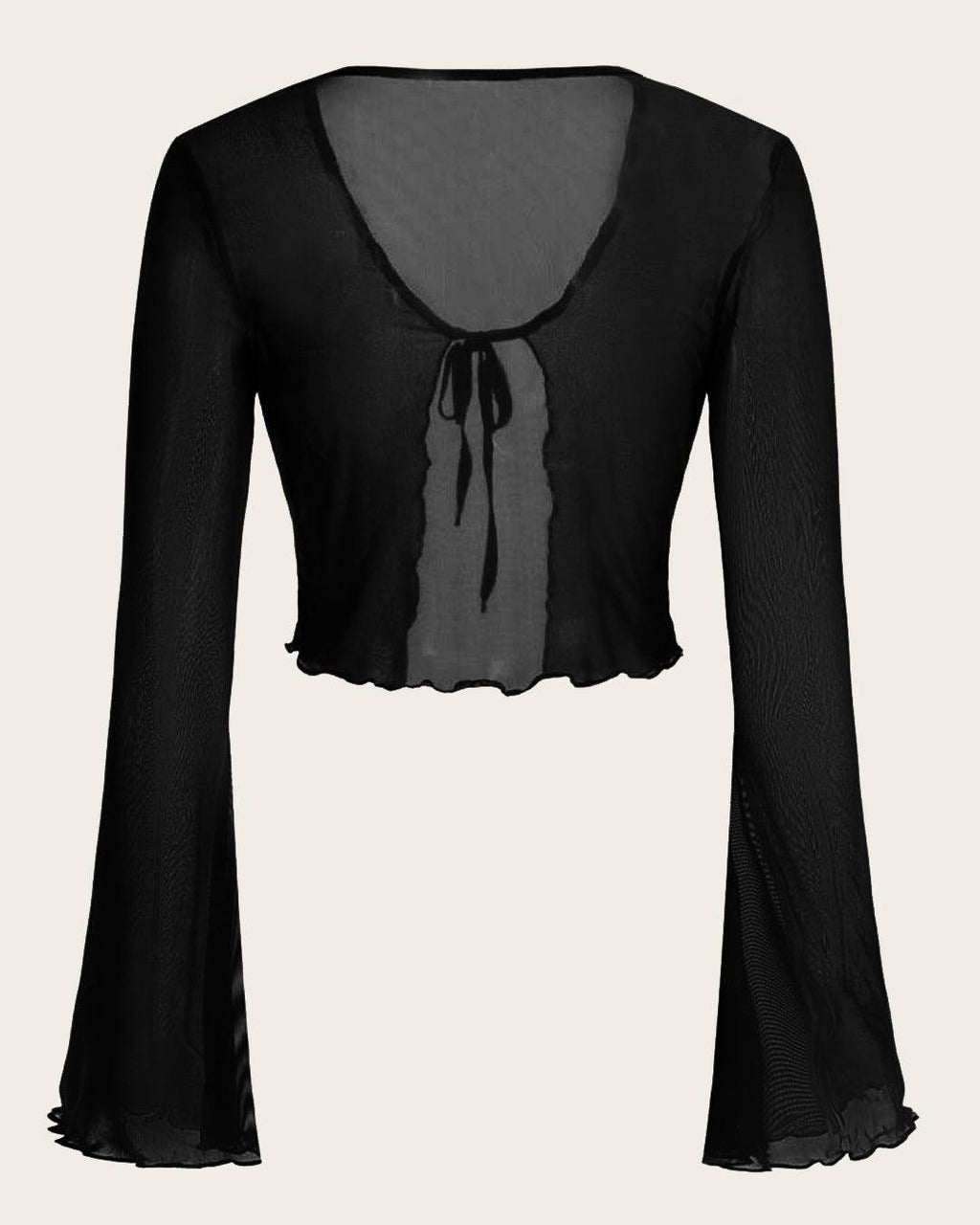 Casual Tie Front Sheer Mesh Long Sleeve Top in Black